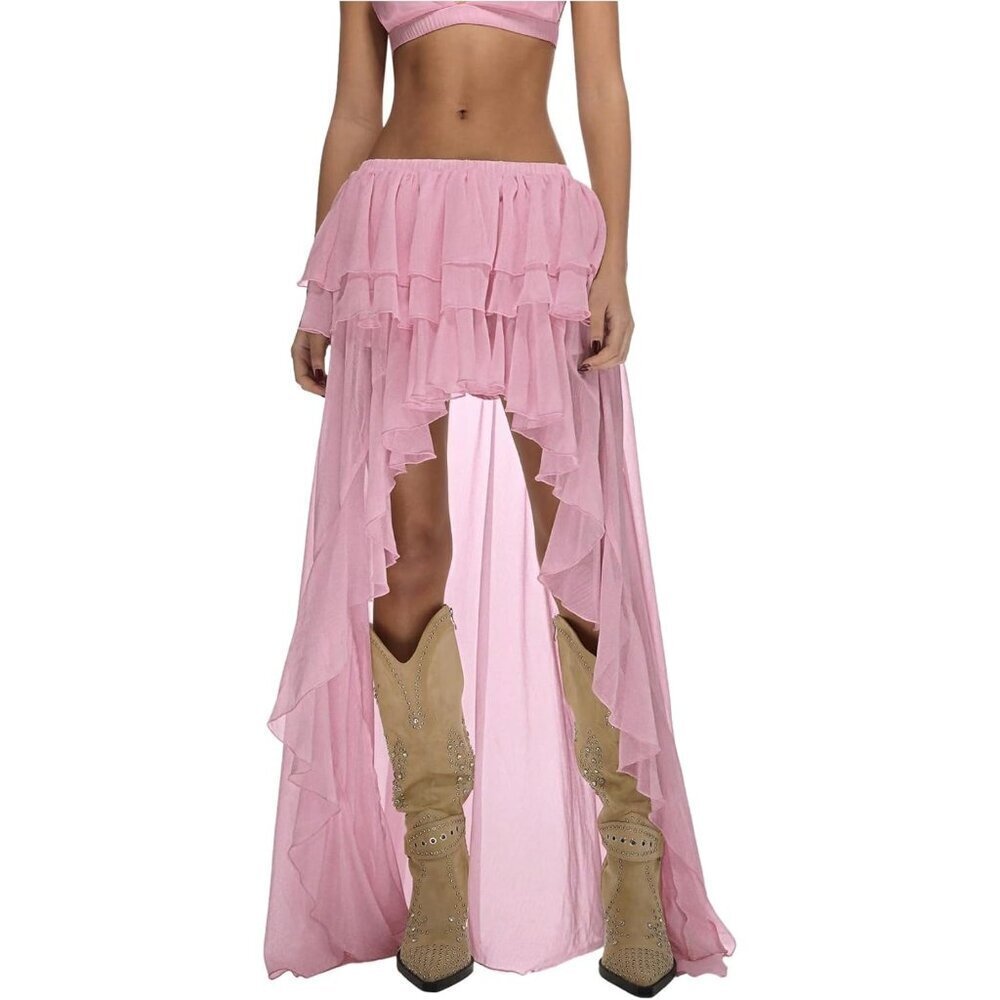 Women's Pink Layered Ruffle Chiffon Elastic Western Asymmetrical Skirts